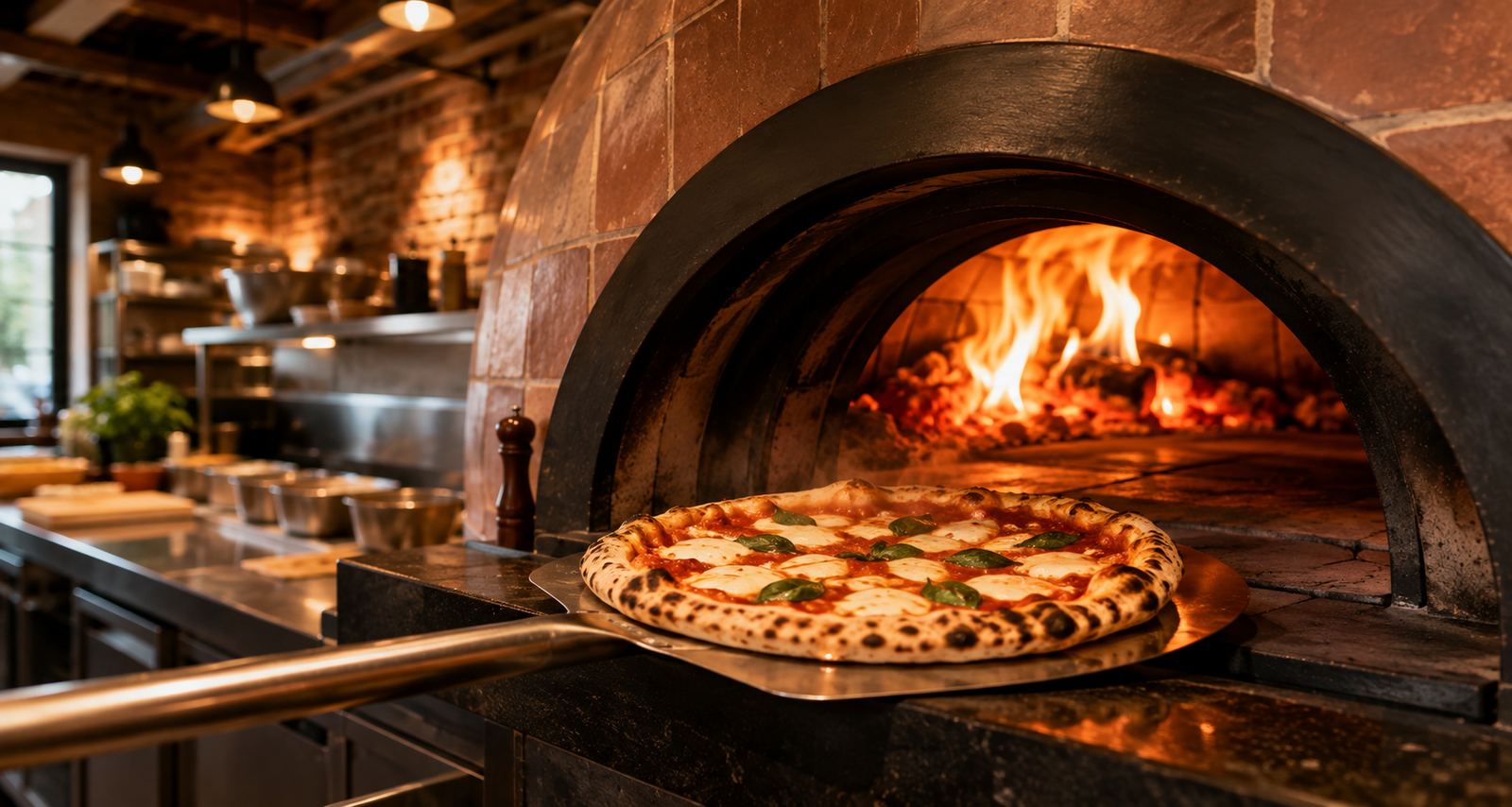 Nygräddad margheritapizza dras ut ur en vedeldad stenugn på en pizzaspade.